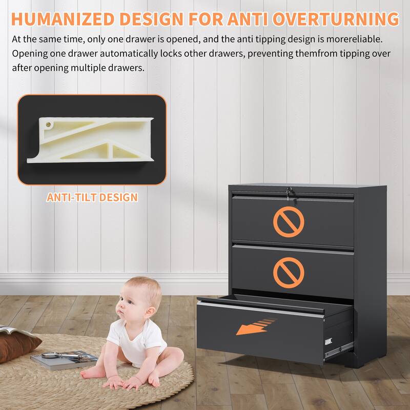 3-Drawer Lateral Filing Cabinet with Lock, Metal Home Office Storage Cabinet with Quiet Glide Drawers