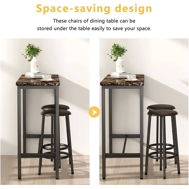 3 Piece Kitchen Pub Dining Set, Modern Faux Marble Counter Height Bistro Bar Table Set with 2 PU Leather Bar Stools