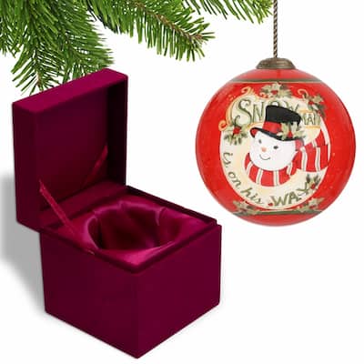 Festive Snowman on his way Hand Painted Mouth Blown Glass Ornament - 3" x 3" x 3"