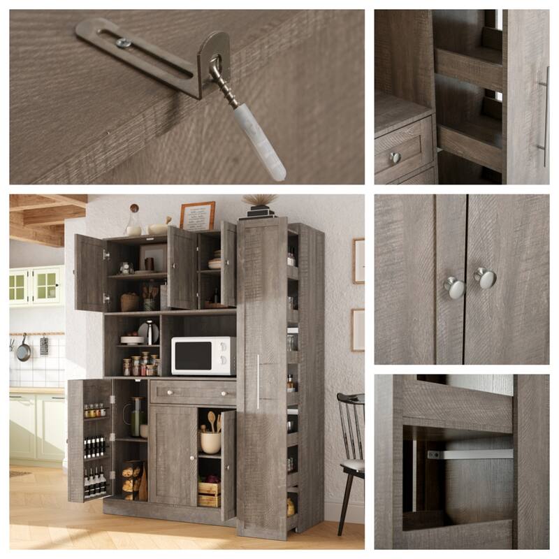 Freestanding Kitchen Pantry Storage Cabinet Cupboard with Pull-Out Side Cabinet