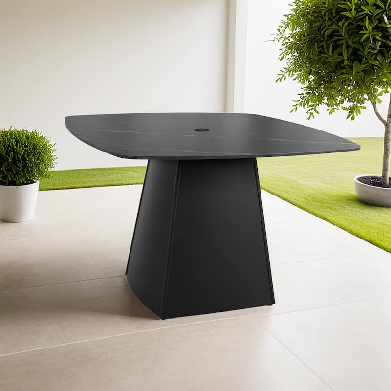 Contemporary 44-Inch Rounded Square Pedestal Table - Weatherproof Sintered Stone Top With Aluminum Pyramid Base. - Ember Black Frame
