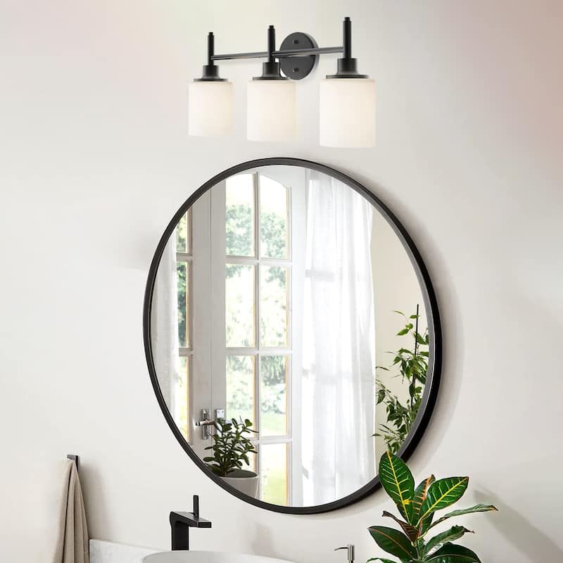 21 in. 3-Light Matte Black Finish Vanity Light with White Glass Shades - 21.6 in. L x 6.75 in. W x 10.6 in. H