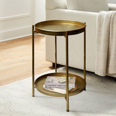 20 Inch High Round Side End Table with 2 Tier Iron Frame, Matte Gold - 15L x 15W x 20H