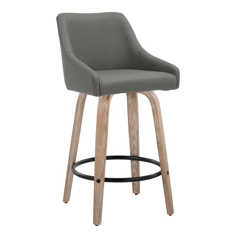 The Gray Barn Hadley 26" Fixed-Height Upholstered Counter Stool with Bent Wood Legs & Round Footrest (Set of 2) - Dark Grey Faux Leather/Whitewashed/Black Metal