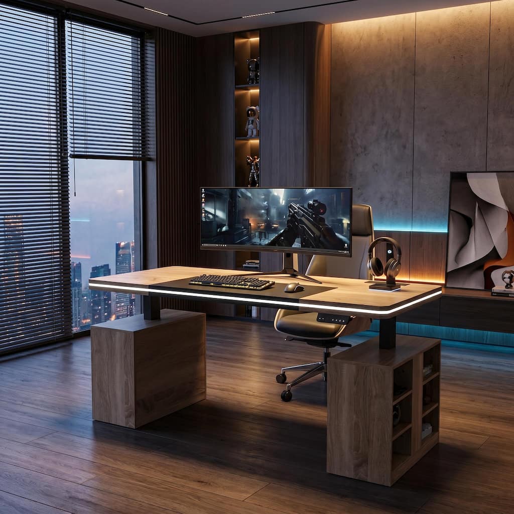 63" Smart Gaming Desk with RGB LED Lights & App Control, Electric Standing Desk with 2 Storage Units, Sit-to-Stand Tech Station