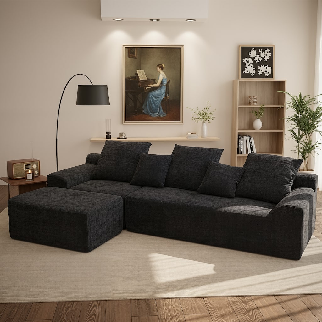 L-Shaped Modular Sectional Sofa with Ottoman, Melange Chenille Fabric Cloud Sofa, Upholstered 4 Seat Sofa with Pillows