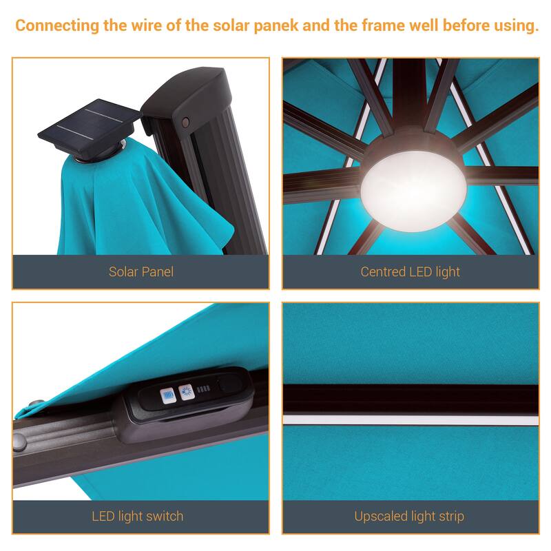 LIVOOSUN 11Ft LED Patio Hanging Octagon Cantilever Umbrella with 360-degree Rotating Canopy