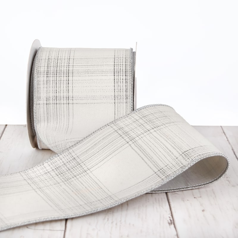 HGTV Home Collection , Silver Cotton Plaid Double fused Ribbon , Silver, 3 in - 3 in