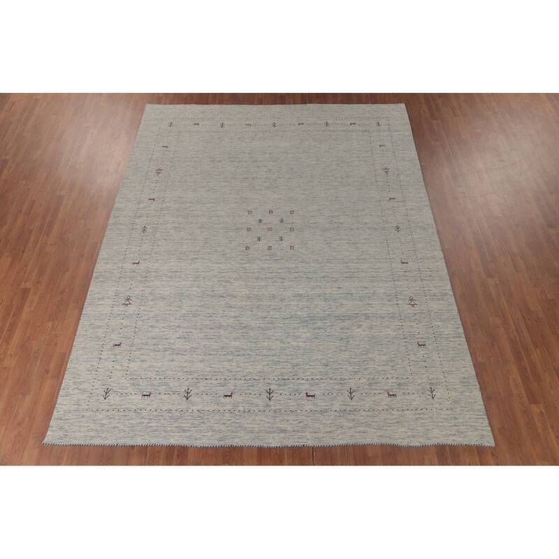 Tribal Gabbeh Area Rug Hand-Knotted Beige / Ivory Wool Carpet - 9'0"x 11'6"
