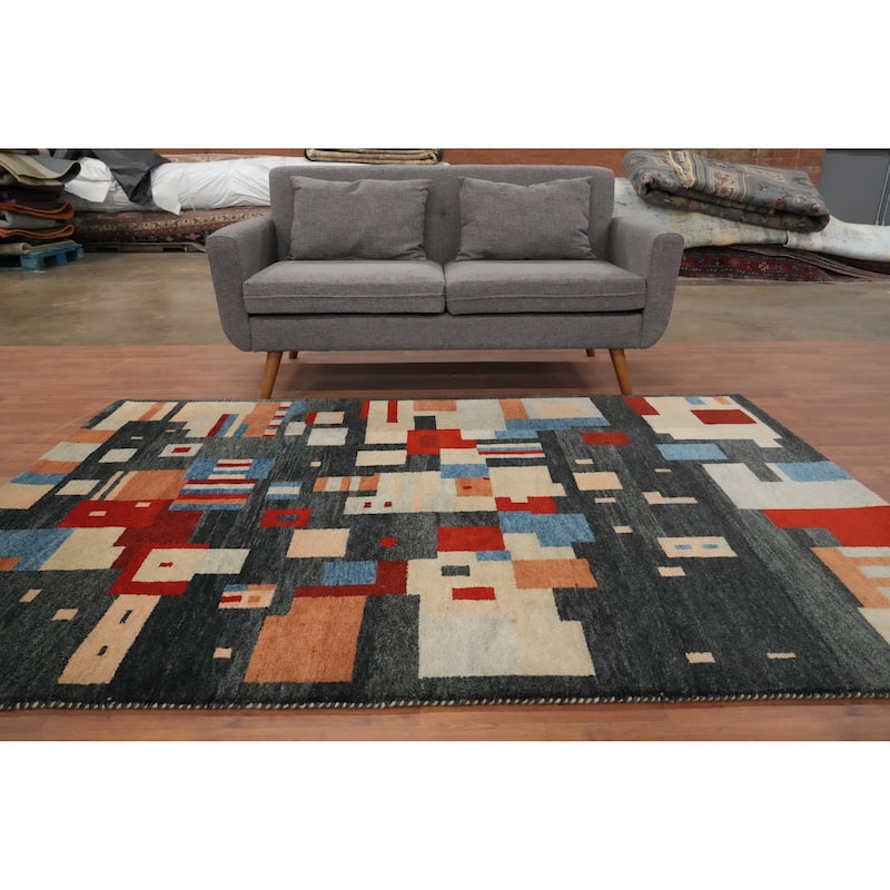 Hand Knotted Oriental 100% Wool Carpet Modern Geometric Greys & Charcoal Gabbeh Area Rug - 7' 8'' X 5' 4''