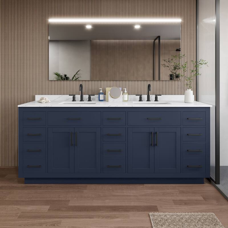 Wyndham Collection WCG262684D-QTZ-US3MXX Beckett TK 84" Free Standing - Dark Blue / Giotto Quartz Top / Matte Black