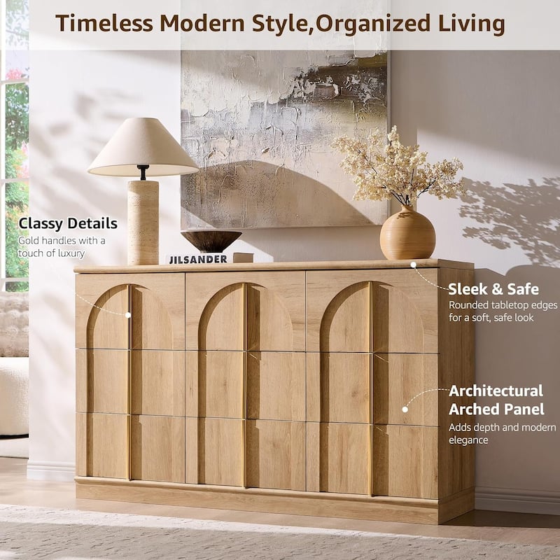 Modern Arched 9 Drawers Dresser, Wood Chest of Drawers for Living Room