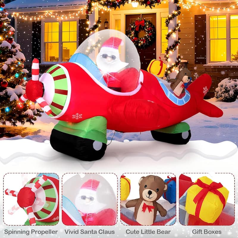 7.2 Ft Animated Inflatable Santa on Plane Lighted w/Spinning Propeller - Multi-Color