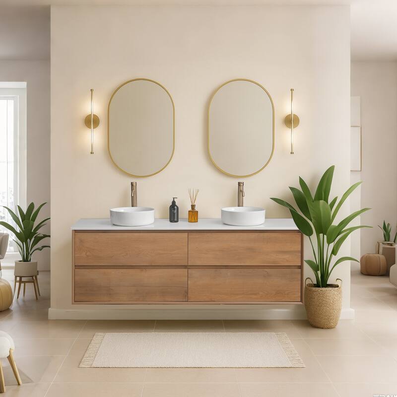 72" Floating Bathroom Vanity Quartz Counter Top with Double Ceramic Vessel Sink - Square Sink