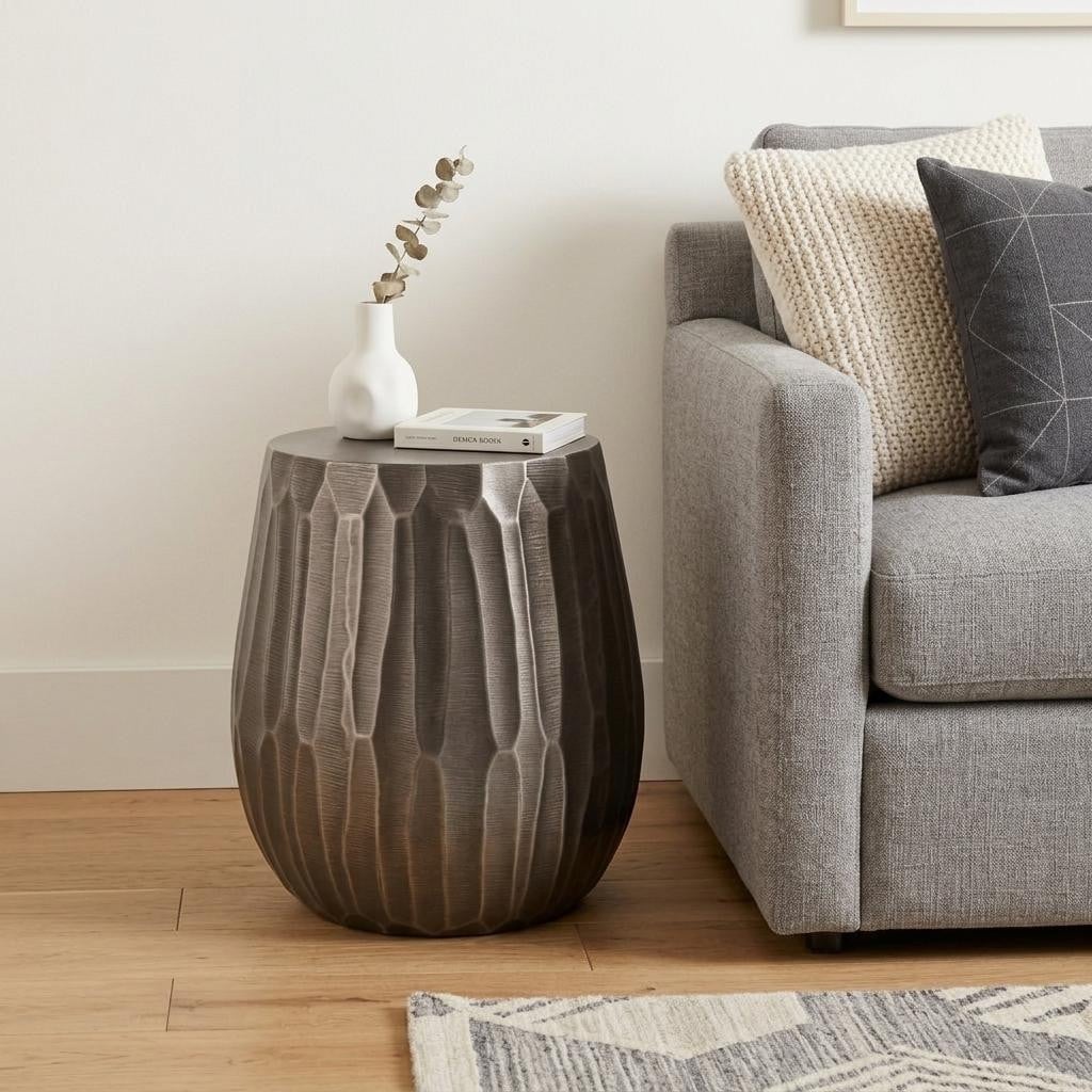 HomeRoots 20" Matte Graphite Aluminum Round Drum End Table - 18.50 in. x 19.50 in. x 18.50 in.