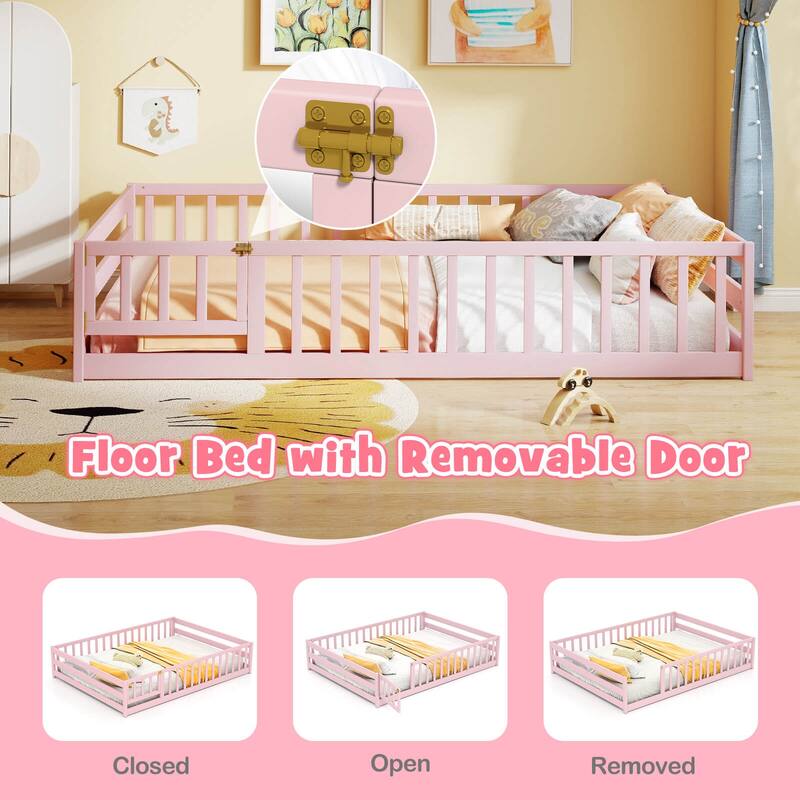 Costway Full Size Floor Bed with Full Length Safety Guardrails & Door