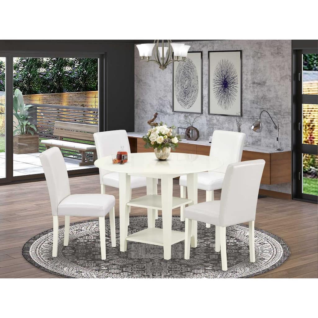 HomeStock 5-Pc Linen White Finish Solid Wood Top-Round Dining Room Set with Dropleaf-Seats 4