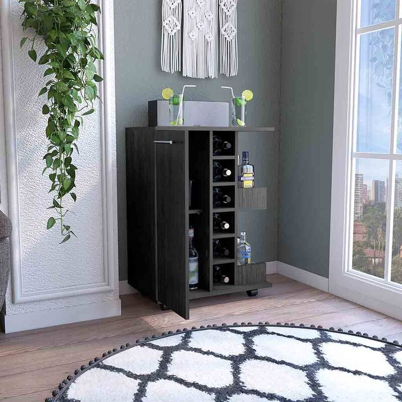 Bar Cart, Four Casters, Six Wine Cubbies, Single Door Cabinet