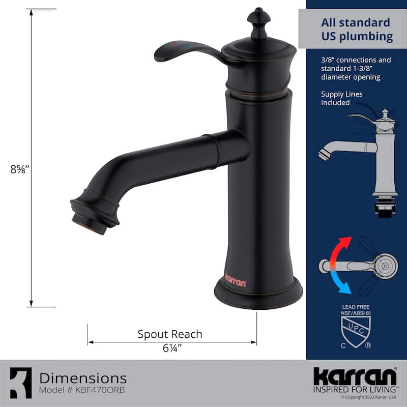 Karran Vineyard KBF470 Single-Handle Single Hole Basin Bathroom Faucet with Matching Pop-up Drain