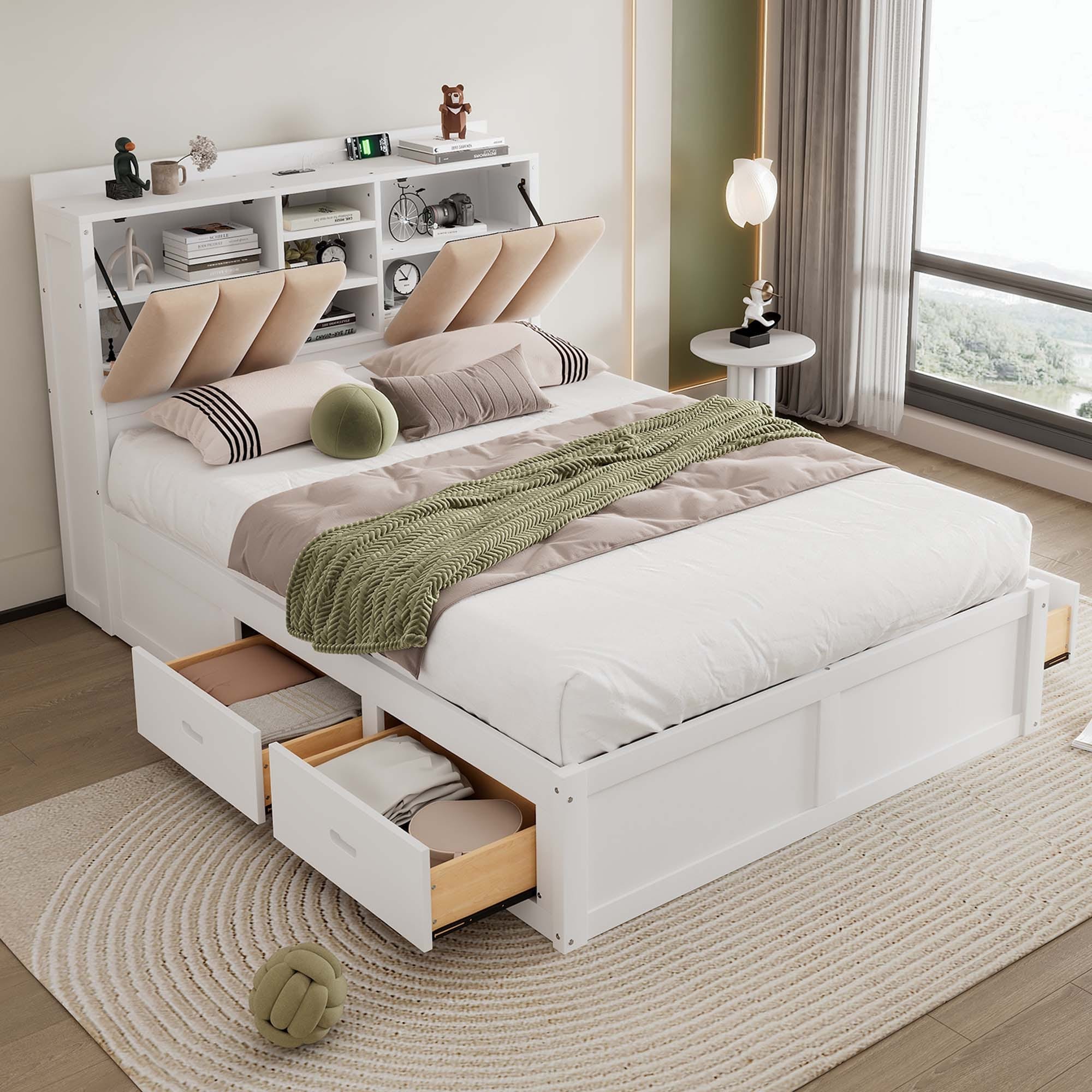 りぼん樣専用購入14500 XXL Wood Full Size Platform Bed with Storage Headboard and 4