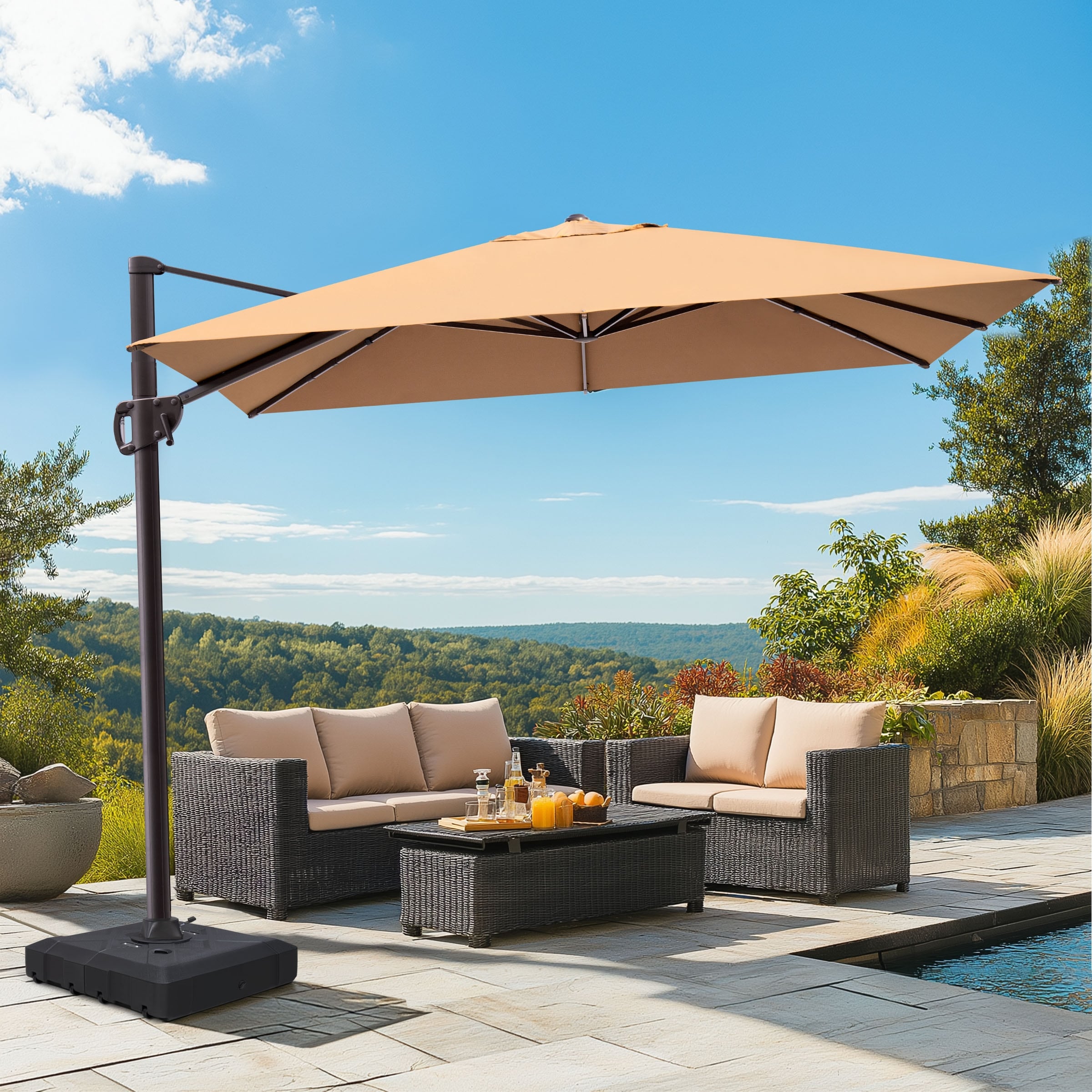 9 ft cantilever patio umbrella JZAC & QZYD 9x9 Outdoor with Base & Solar LED Enjoy the outdoors without worrying about the weather with the PURPLE LEAF hanging tilt umbrella Outdoor 9 x 11 ft
