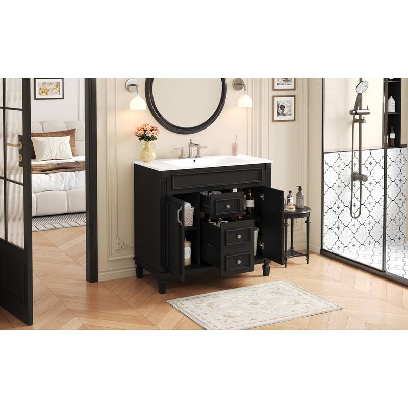 GDFStudio - Carrinford Modern Freestanding Bathroom Vanity with Ceramic Sink and 2 Soft Closing Doors & 2 Drawers