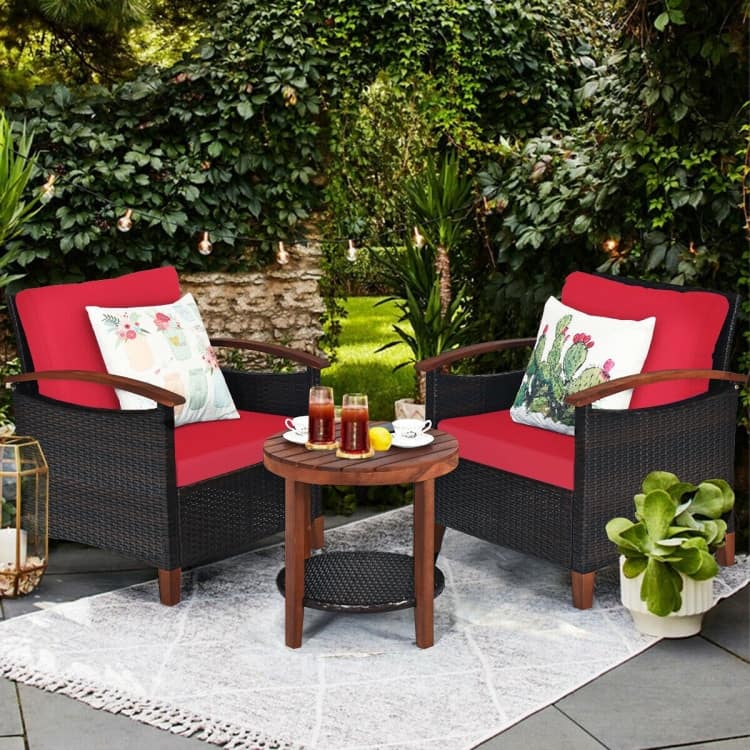 3-Piece Patio Rattan Furniture Set with Solid Wood Frame