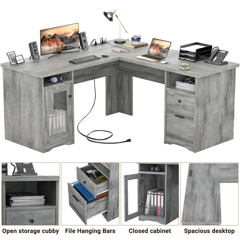 Modern Farmhouse L-Shape Desk with File Cabinet and Drawers, Homer Office Executive Desk with Charge Station
