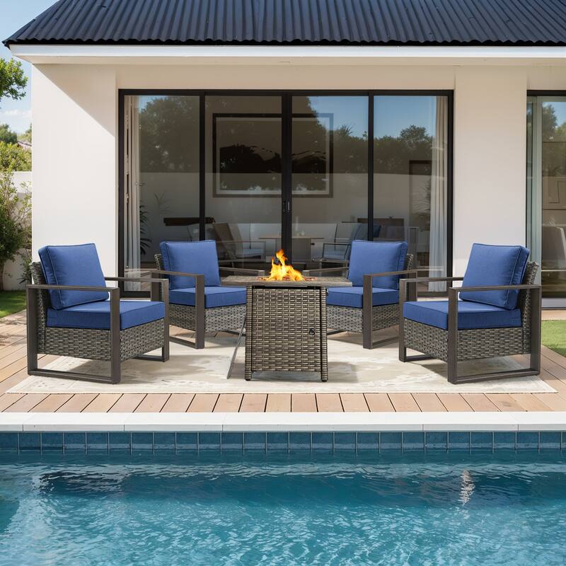 Meyreso 5-Piece Wicker Patio Conversation Set with Fire Pit & Plush 4.5" Olefin Cushions