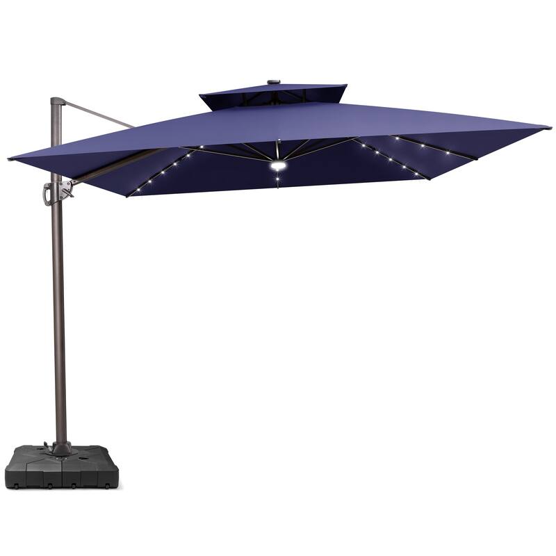11 ft Solar Powered LED Aluminum Patio Cantilever Umbrella 360-degree Rotation with Weights Base - Navy Blue