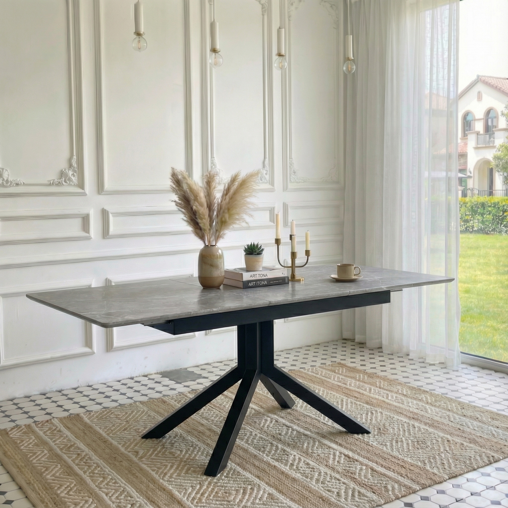 Modern Rectangular Dining Table With Painted Mdf Top And Sturdy Geometric Metal Legs, Contemporary Kitchen Table