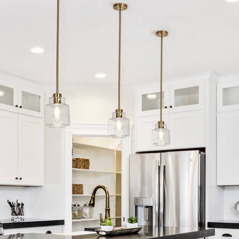 Cavitt Modern Mini 1-Light Clear Glass Drum Pendant Abstract Brass Gold Adjustable Kitchen Island Lighting