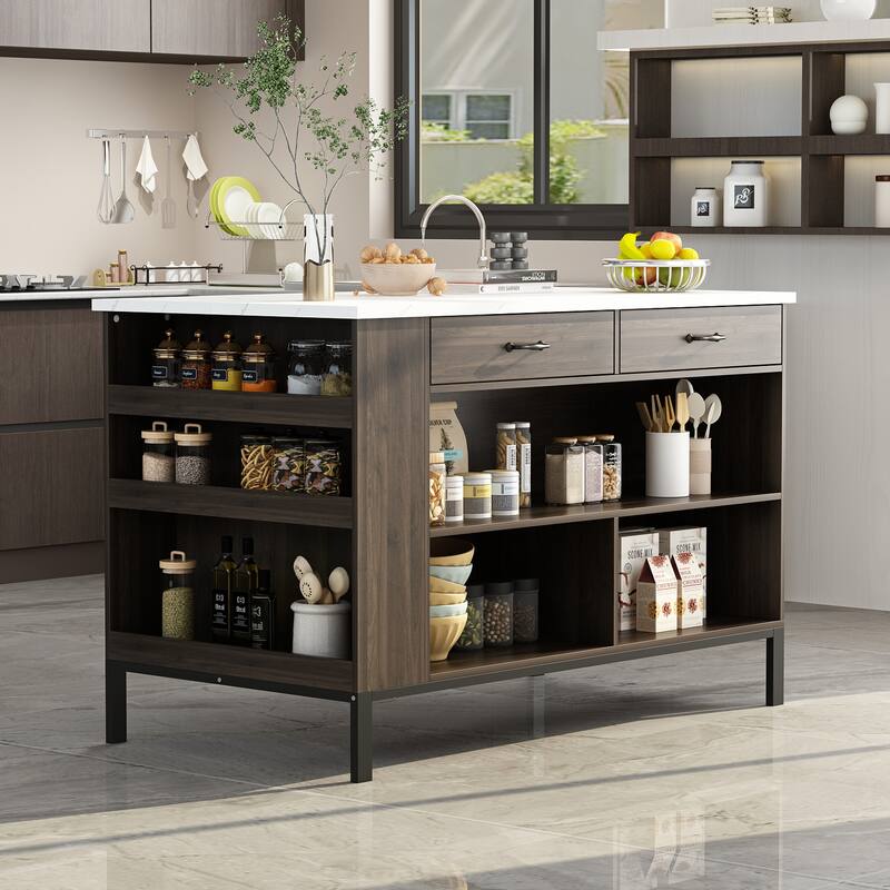 55.1"W Buffet Kitchen Island Cabinet with Open Shelves Two Drawers