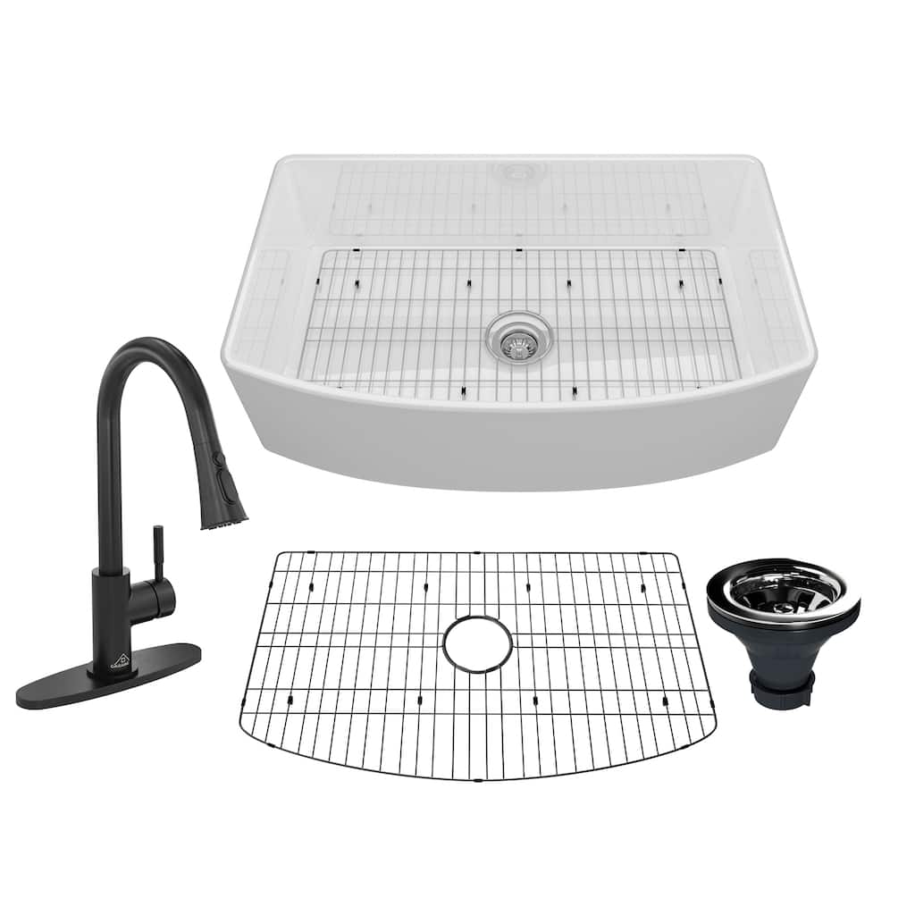 All-in-One Curved Design Single Bowl Farmhouse/Apron-Front Fireclay Kitchen Sink with Pull Down Kitchen Faucet and Accessories