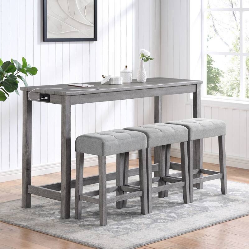 Bar Table Set with 3 Stools and Power Outlet