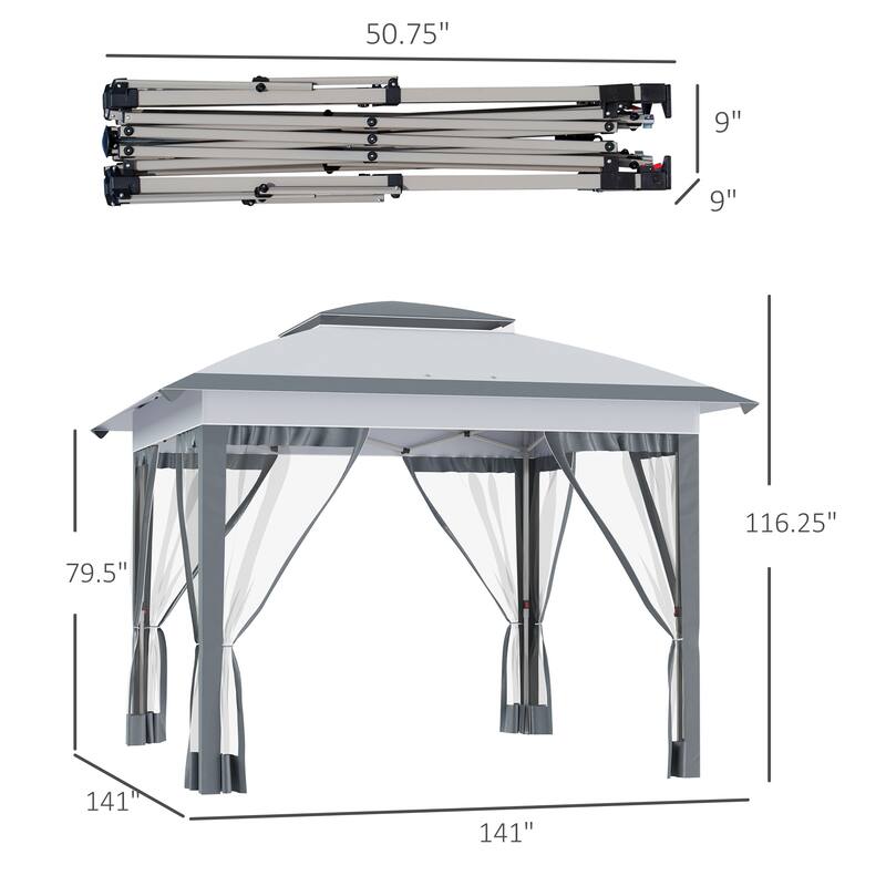 12’ x 12’ Pop-Up Party Gazebo with Mesh Sidewalls Gray Oxford Fabric, Steel Frame - 11.7' L x 11.7' W x 9.7' H