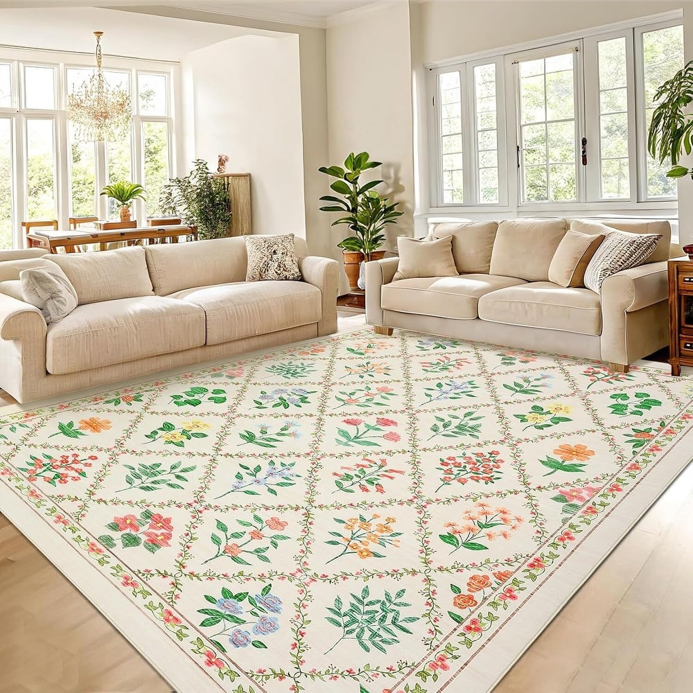Vintage Floral Washbale Floor Cover Area Rug for Bedroom, Living Room, Beige - 1'6" x 2'6"