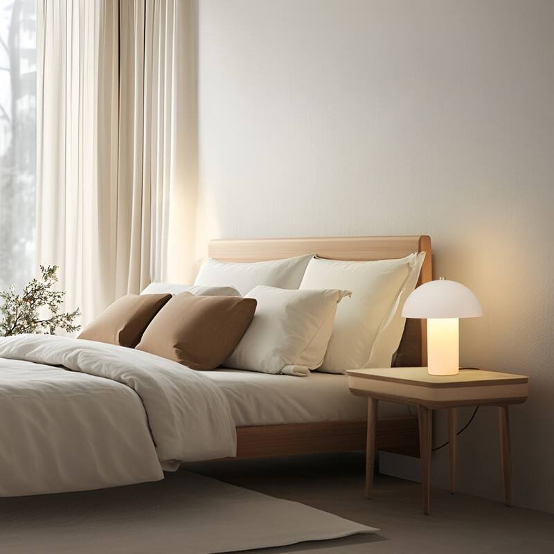 Brightech Alba LED Off-White Cream Ceramic Midcentury Round Dome Dimmable Bedside Nightstand Desk Lamp