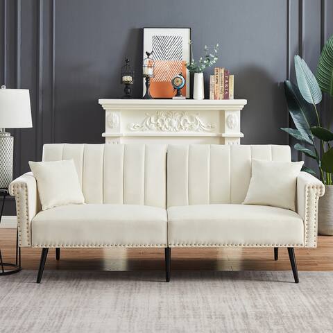 Velvet Upholstered Loveseat Adjust Back Sleeper Sofa Mid-Century Modern Sofa Couch with 2 Pillows For Home Living Room