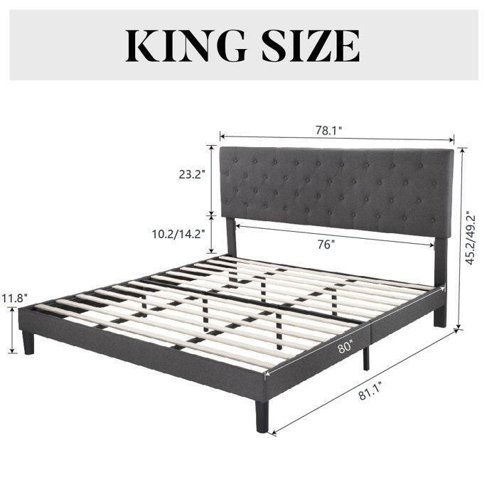 Low Profile Grey Linen Platform Bed with Button Tufted Headboard
