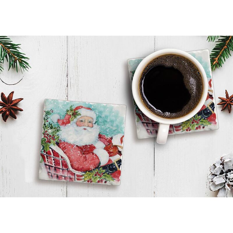 Counterart Absorbent Stone Coasters - Santa In Sleigh - Set of 4 - 4x4x1.579