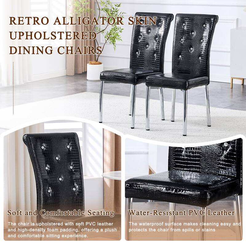 Set of 2 Retro alligator skin Upholstered dining chairs,with Crystal buckle design and Faux Leather design, metal legs