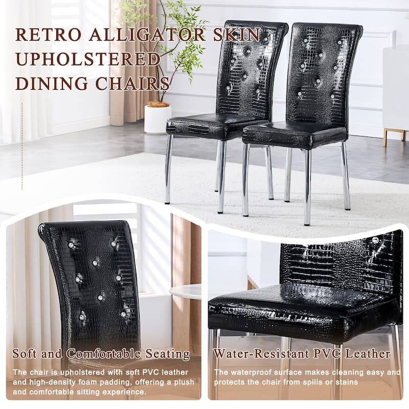 Set of 4, Retro alligator skin Upholstered dining chairs with Crystal buckle design and Faux Leather design