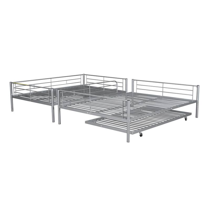 Metal Bunk Bed with Trundle and Guardrail, Convertible to Two Beds