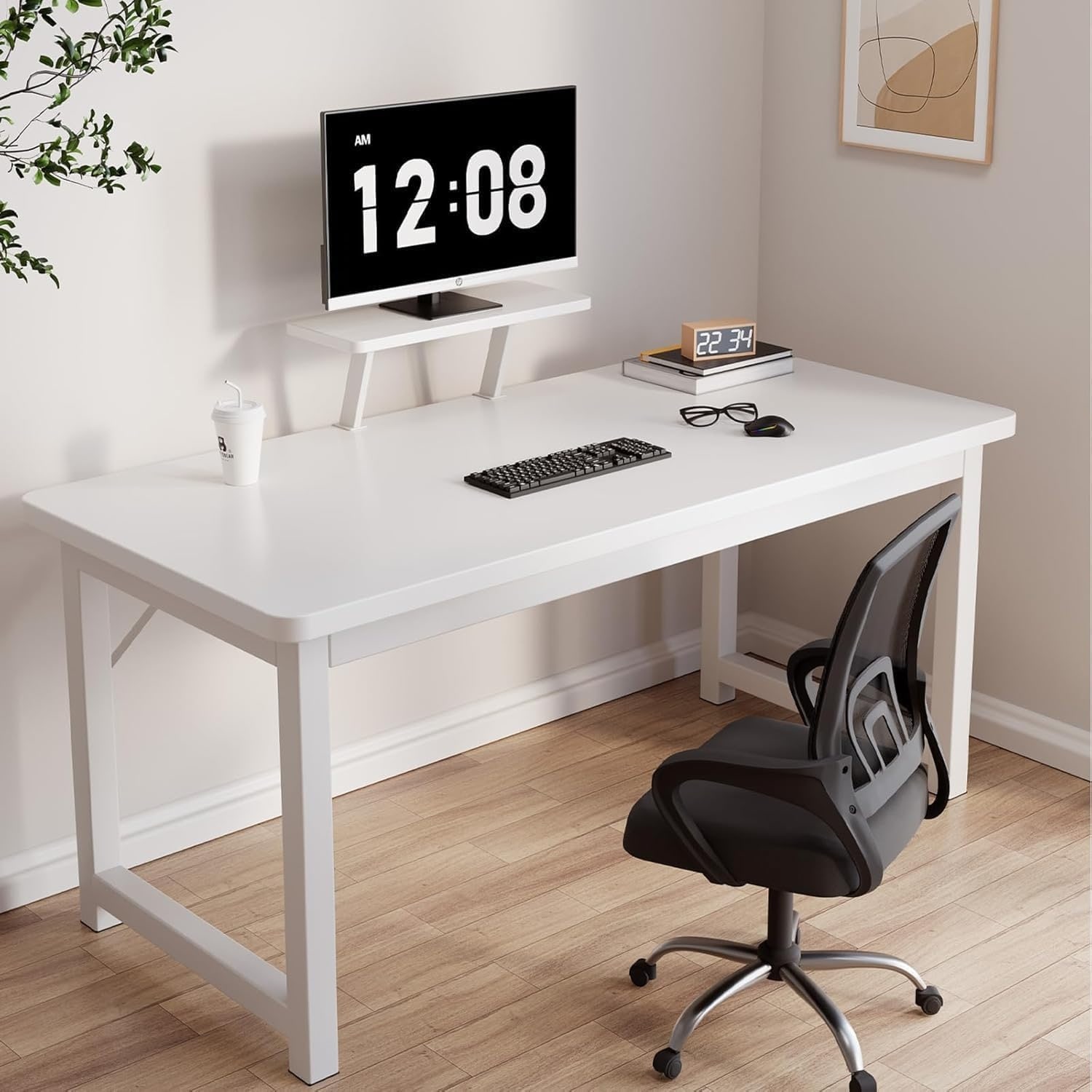 Compact 31.5 Inch Home Office Desk with Monitor Stand, Sturdy Study Table for Small Spaces