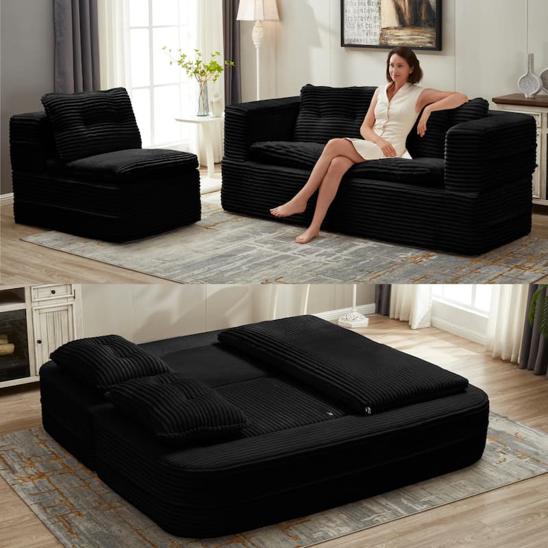 Sofa Bed With Independent Chaise Lounge And Functional Blanket,Convertible Sofa Bed,King Size Bed,Deep Seat - Black