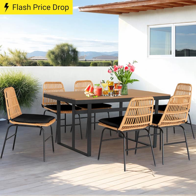 7 piece Outdoor Dining Set, Glass Table with Woven Chairs for Patio, Balcony & Garden - 26.77"L x 20.87"W x 31.1"H - Black