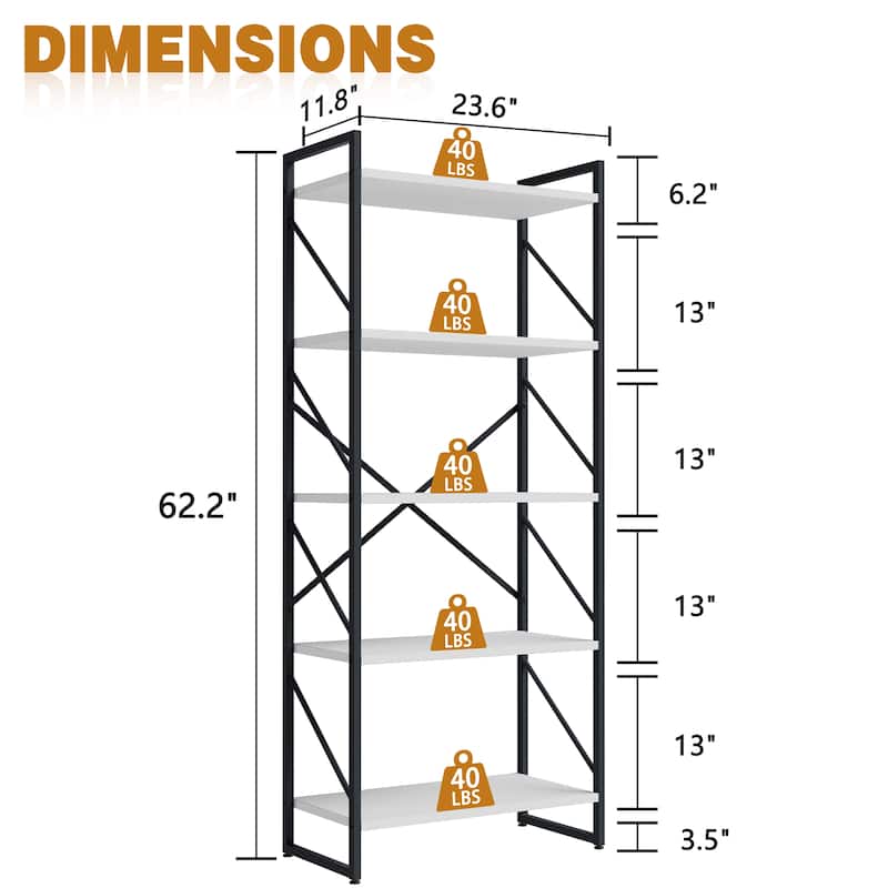 H-Shaped 5-Tier Storage Bookcase, 62.2" Tall Standing Bookshelf with Adjustable Feet
