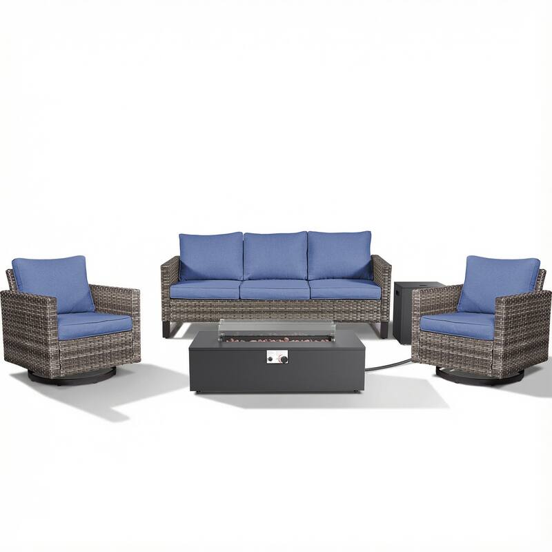 Pocassy Patio 5/7PCS Sofa Swivel Chair Ottoman with Fire Pit Table