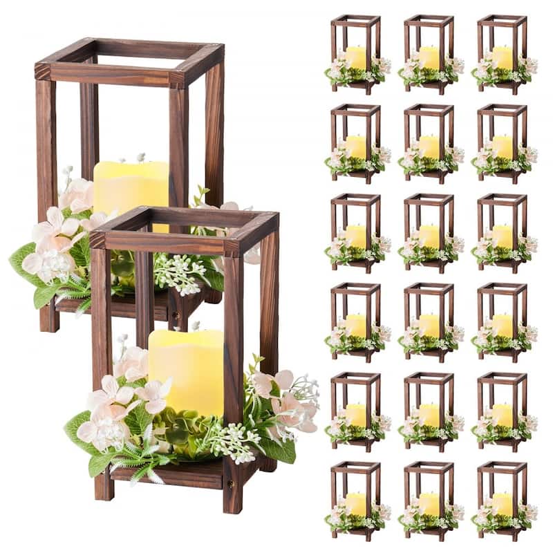 Wooden Wedding Lantern Set with LED Candles and Eucalyptus Wreath Rustic Cedar Table - 60 pc - Brown